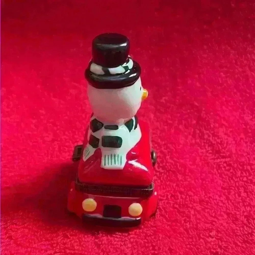 Two Vintage Christmas Porcelain Hinged Trinket Boxes Snowman and Sleigh NIB